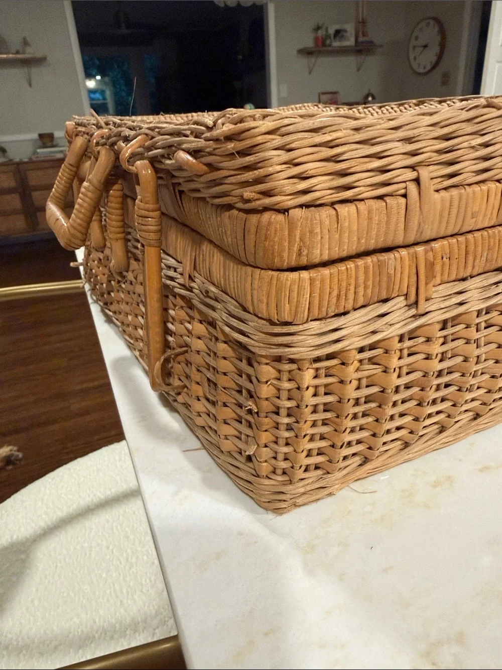 Vintage Woven Rattan Picnic-Style Basket in Natural Tan